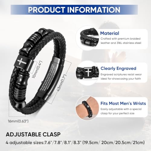 Christian Black Leather Bracelet for Men, Braided Leather Cross Adjustable - image 4