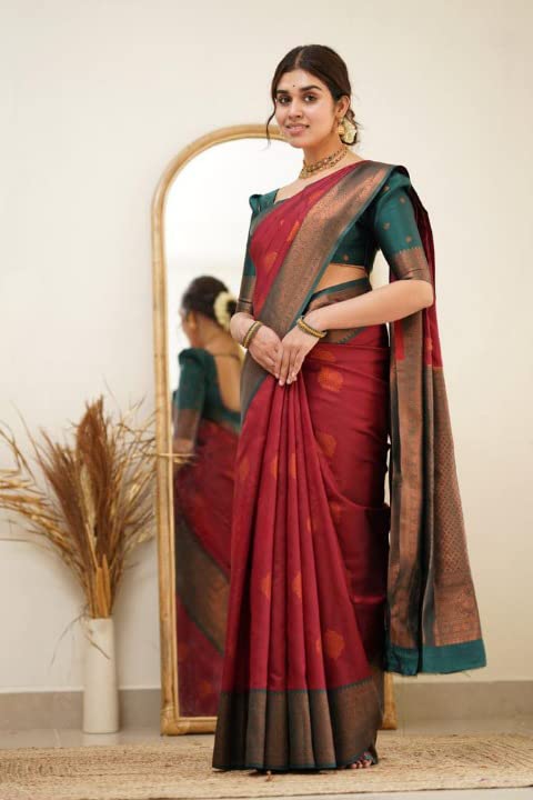 Image of Flosive Elegant Red Banarasi Saree with Gold Zari Border & Classic Design
