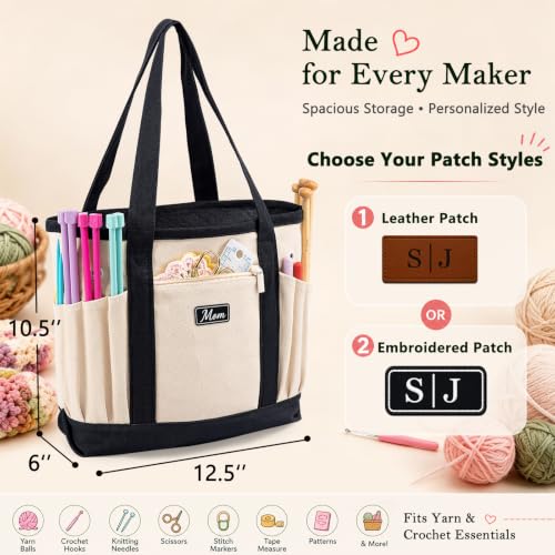Image of Personalized Crochet Bag with Custom Leather Patch or Embroidered Name, Canvas Knitting Tote for Yarn Storage, Crochet Organizer with Multiple Pockets, Custom Gift for Crocheters & Knitters