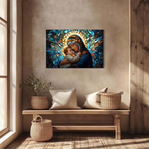 Image of Christian Wall Art Religious Wall Decor Mother Mary Hold Child Jesus Canvas Picture Abstract Mosaic Paintings for Prayer Bedroom 16x24 inch Bible Spiritual Healing Poster Print for Church Decorations