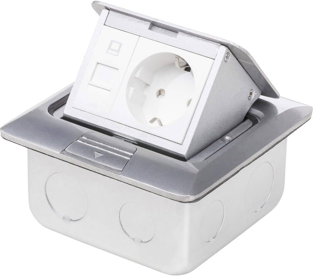 Ledmaxx ALU1X1S A, Stainless Steel Inset Floor Socket 2 Gang RJ45 Socket and Socket for Floor and Wall Box, 2000 W, Silver, 12 x 10 x 5.5 cm [Energy Class A]