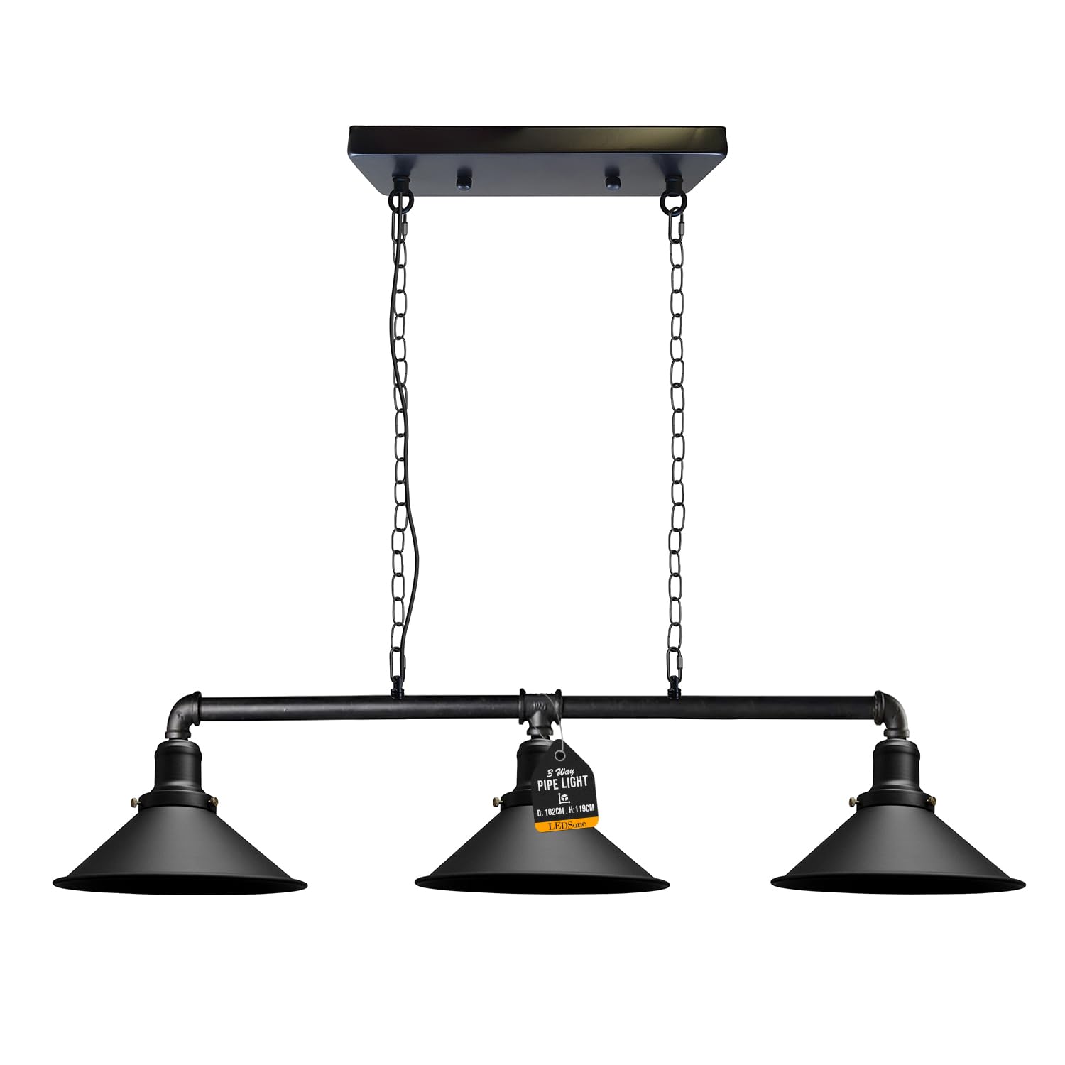 LEDSone Industrial 3 Way Pipe Pendant Lamp E27 Lamp Holder 22cm Black Cone Shade Ceiling Light Fixture with 95cm Adjustable Hanging Chandelier for Dining Room, Kitchen Island, Bar
