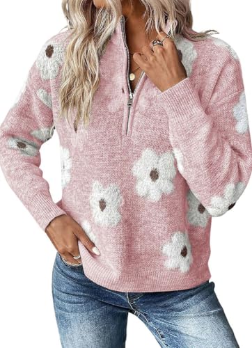chouyatou Women's Fall Cute Floral Polo Collared Sweater 1/2 Zip Up Fuzzy Jacquard Knit Pullover Jumper Tops