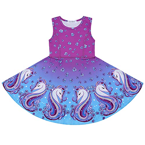 Quedoris Girls Twirly Printed Casual Party Dress Rose Unicorn Sleeveless L #TOP2