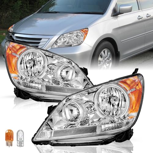 TUSDAR Headlight Assembly for 2005 2006 2007 2008 2009 2010 Honda Odyssey Factory Halogen Headlamp Chrome Housing with Amber Reflector (L+R)