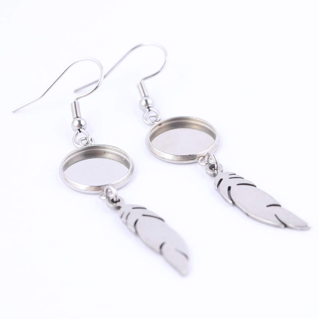 Reidgaller 20pcs Stainless Steel Fit 12mm Cabochon Earring Base Settings With Feather Charm Diy Bezel Tray Blanks For Jewerly Making Supplies (steel color)