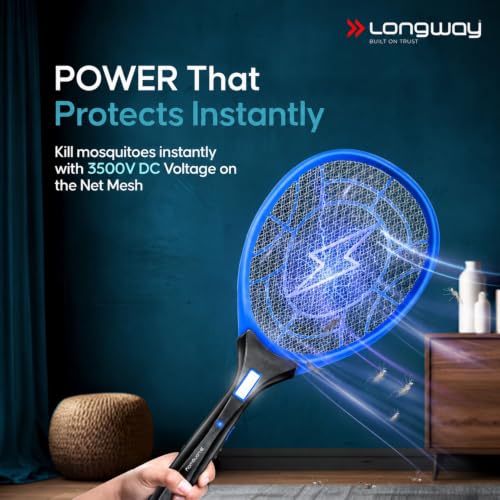 Image of Longway Zappy Rechargeable Mosquito Killer Racket Built in COB Light | 3500V DC Voltage on The Net Mesh| Mosquito Bat | 1 Month Stand by 500mah Long Lasting Internal Battery (Blue)