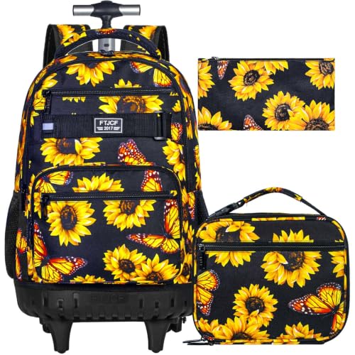 Image of 3Pcs Rolling Backpack for Girls Women, Travel Roller Backpacks with Wheels for Adults, Teens College Sunflower Wheeled Bookbag with Lunch Box(Yellow)