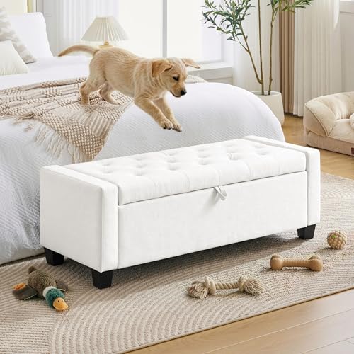 Image of Huatean Home 43 inch Ottoman with Storage, White Storage Ottoman Bench with Safety Hinge, Upholstered Entryway Bench with Seating for Bedroom, Living Room, Holds up to 330 lb