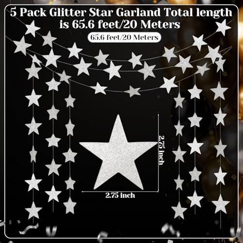 Image of Spakon 65 Feet Glitter Star Paper Garland Banner Hanging Decoration Star Streamers Double Side 2026 Graduation Decorations for Wedding Birthday Festival New Year Party Decoration (Glitter Silver)