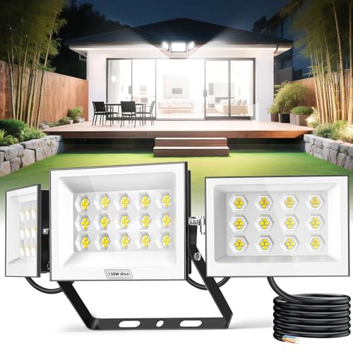 Ankishi 150W LED Floodlights Outdoor, 3 Adjustable Heads Security Lights, IP66 Super Bright Lights LED 10000LM Light, 6500K Daylight White Wall Light for Garden, Patio, Backyard, Front Yard, Garage
