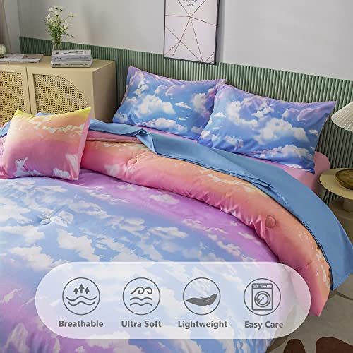 Perfemet Full Size Bedding Sets For Girls, 6 Pieces Blue Sky And White Cloud Print Comforter Set Bed In A Bag, Rainbow Ombre Bedding Comforter Sets With Sheets (Cloud Pattern, Full) #TOP3