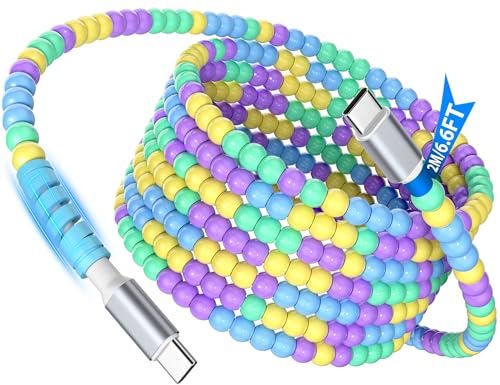 USB C Cable Beaded 6FT 60W Fast Charger Cable for Samsung S26 Ultra S25 A17 A16 A36 A37 45W PD Charge Cute Type C Charging Cord for iPhone 17 Pro Max 17e 16e 16 15 for iPad 10 Pixel 10a 9a Girls Women