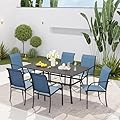 VICLLAX Patio 7 Pieces Outdoor Dining Set, 59" Metal Dining Table with Umbrella Hole and 6 Stackable Textilene Chairs for Patio, Lawn, Garden, Porch, Black/Dark Blue