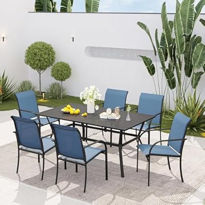 VICLLAX Patio 7 Pieces Outdoor Dining Set, 59" Metal Dining Table with Umbrella Hole and 6 Stackable Textilene Chairs for Patio, Lawn, Garden, Porch, Black/Dark Blue