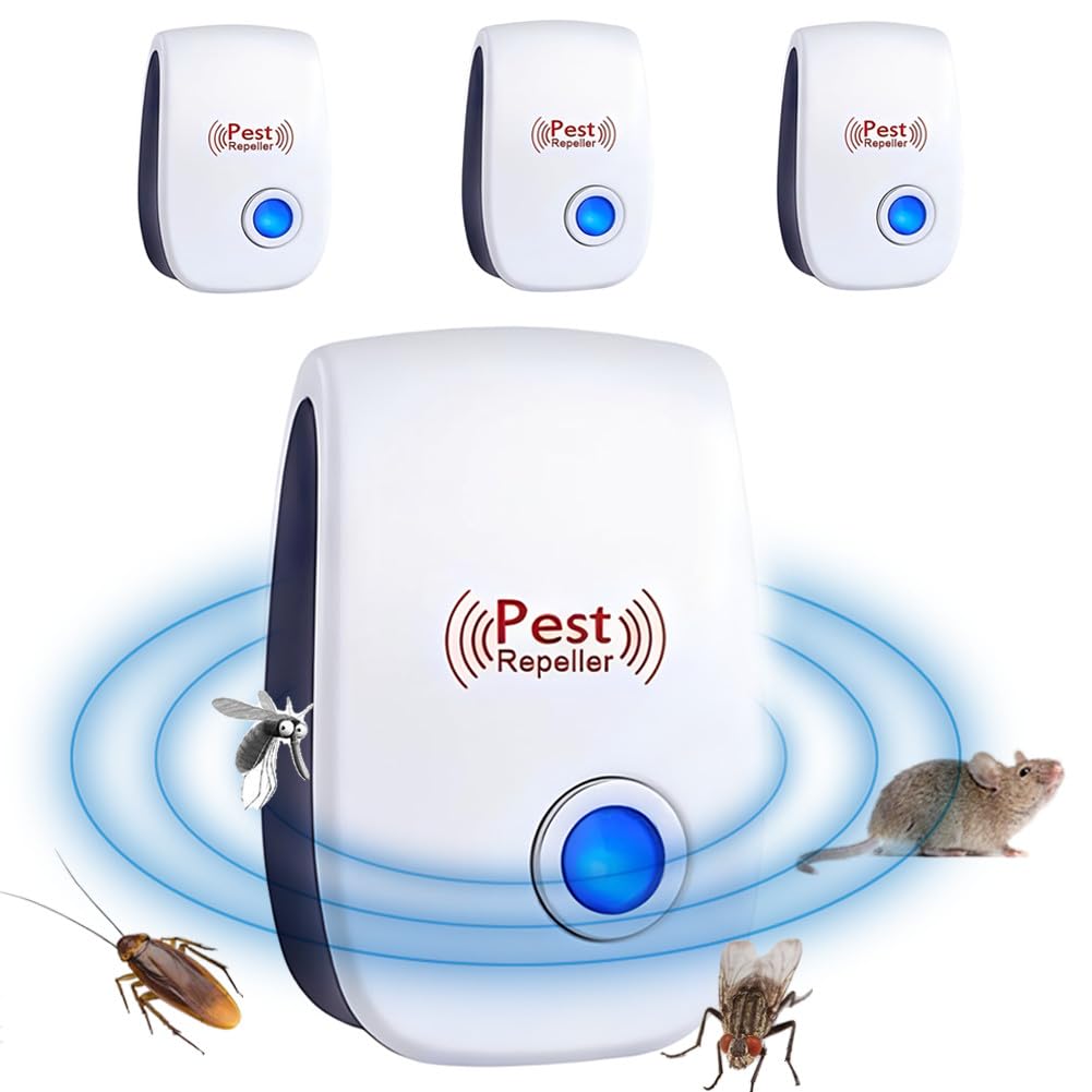 Antizanzare Ultrasuoni,4 Pack Repellente Ultrasuoni Anti Zanzare, Elettrico Ultrasuoni Antizanzare, Repellente Ultrasuoni per Anti Topi, Scarafaggi, Zanzare,Formiche, Ragni