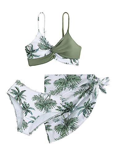 Milumia Girl's 3 Piece Swimsuits Printed Twist Bikini Set with Coverup Skirt Beachwear Green 12-13 Years