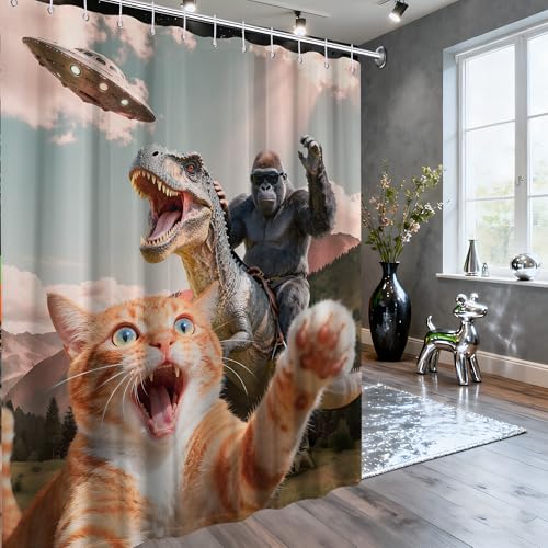 Image of Extra Tall Shower Curtain XL Fun Cat Dinosaur, 70 x 78 Inchs | for Extra Long 78 Inchs Shower, Cool Monkey Novelty Design, Large Bathroom Decor Sets Waterproof Cloth Fabric, with Hooks