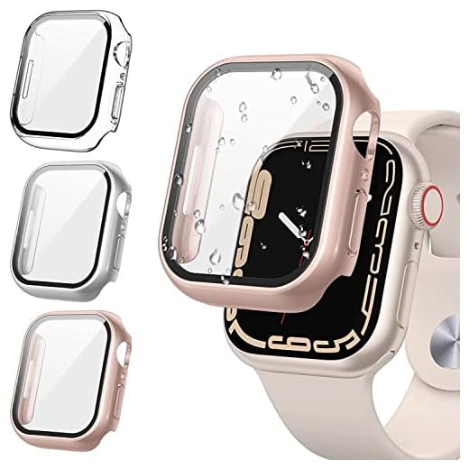 [3Pack] Tensea for Apple Watch Screen Protector Case Series 8 7 41mm, iWatch Protective Face Cover, Tempered Glass Film Hard PC Bumper for Women Men, Ultra-Thin Guard (41 mm, Clear/Silver/Rose Gold)