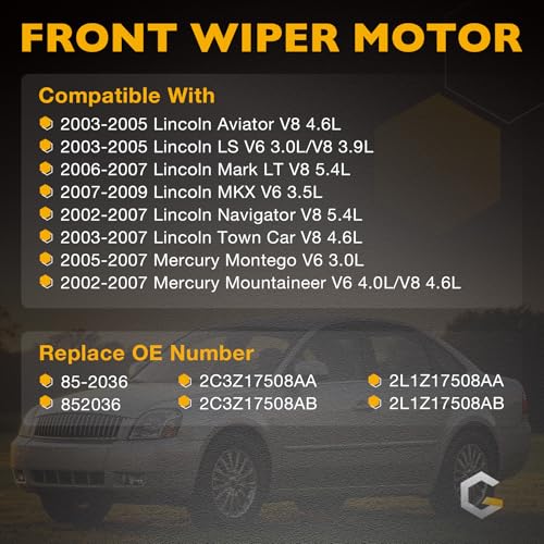 Image of Front Windshield Wiper Motor Compatible with 2002-2009 Ford Explorer Expedition F150 F250 F350 F450 F550 Mustang Lobo Lincoln Mark Navigator Town Car Mercury Mountaineer Replace 85-2036 852036