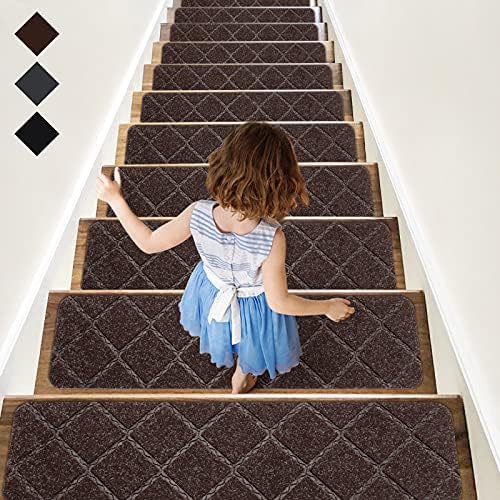 RIOLAND Stair Treads Carpet Non-Slip Indoor 2 PCS Wood Stair Treads Rugs Anti Moving Modern Stair Runners Safety for Kids Dogs, 8" X 30", Diamond Brown