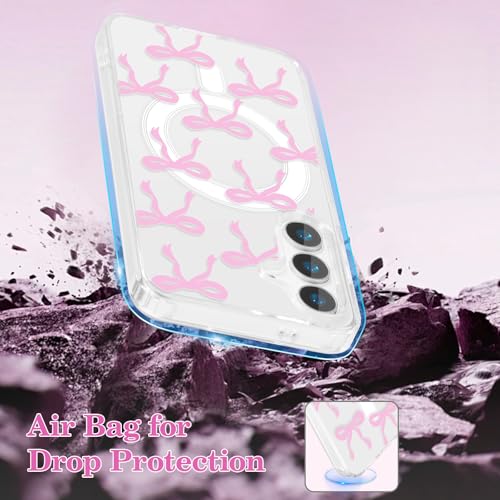 Image of UEEBAI Magnetic for Samsung Galaxy S25 Case, Bow Case Compatible with MagSafe, Wireless Slim Clear Ribbon Aesthetic Phone Case Anti-Yellowing Shockproof Protective Cover for Women Girl - Pink
