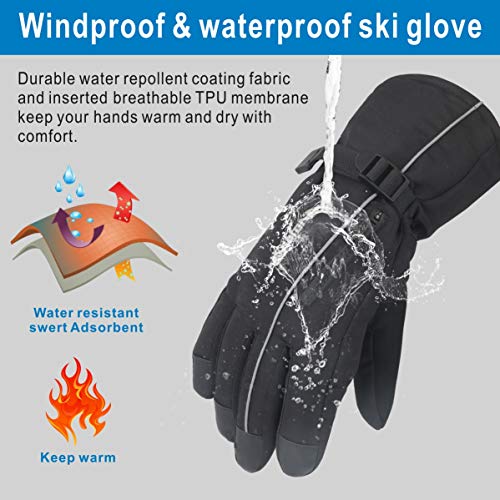 Idefair Winter Ski Gloves,Waterproof Ski Mittens Thermal Touchscreen Snowboard Skiing Gloves Unisex Anti Slip Warm Snow Gloves for Cycling Running Climbing Hiking Outdoor Sports (Black, L)