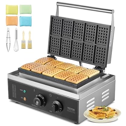 VEVOR Kommerzielles Waffeleisen 1550 W antihaftbeschichtetes Waffeleisen aus Edelstahl mit Temperatur- und Zeitregelung, Griff, für Restaurant Bäckerei Snackbar Familie 10 rechteckige Waffeln