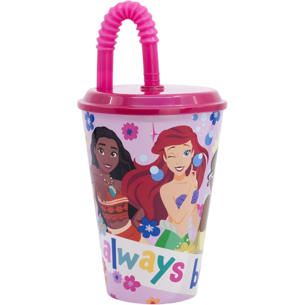 CARTOON Drinking Cup with Straw for Kids, Reusable Semi-Rigid Plastic Tumbler BPA Free Capacity 430ml (Princesses)