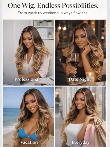 Image of Beauty Forever 13x4 Lace Frontal Body Wave Wig Human Hair - Honey Blonde Balayage with Chestnut Brown Roots, Pre-Plucked&Pre-Bleached Knots, Glueless Drawstring Wig for Beginners, Ready to Wear 18inch