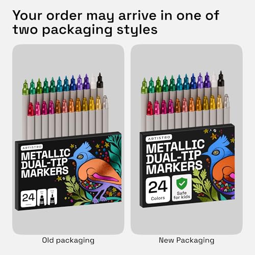 ARTISTRO 24 Metallic Acrylic Paint Markers for Rock, Fabric, Wood, Glass, Eggs - Dual-Tip Paint Pens for Coloring Books for Adults, Teens - Art & Craft Supplies - Gift Idea - Easter Basket Stuffers