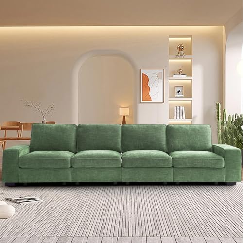 Image of TEKAMON 128 inch Modular Sofa Couch with Seat Storage, Chenille Sofa,Modern Comfy 4-Seater Couch for Living Room, Office, Apart W /Deep Seat, Wide Armrest, USB, Pockets, Removable Covers (Green)