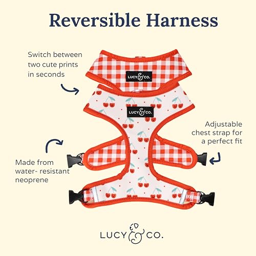 Lucy & Co. Cheery Cherries, niedliches wendbares Hundegeschirr, Spazierengehalfter, beste Designer-Haustiergeschirre für XS-XL, gepolsterte, verstellbare Weste für einfaches Spazierengehen, Größe L