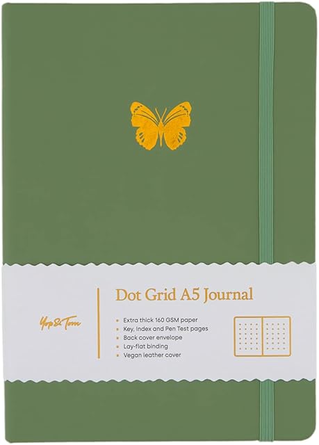 Yop & Tom A5 Dot Grid Journal - Butterfly - With Hardback Vegan Leather Cover and Extra Thick (160 GSM) Paper - Sage Green