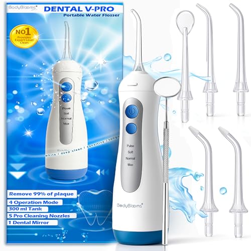 Irrigador dental portatil DENTAL V-PRO de 300 ml | irrigador bucal portatil USB-C Recargable para la limpieza dental | water flosser con 5 Boquillas + 1 espejo | Kit de limpieza bucal por agua presion
