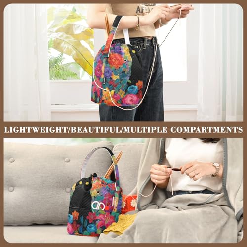 Image of ElliTarr Crochet Bag Yarn Bag with Handle Portable Knitting Project Bag Travel Yarn Storage Organizer Holder Case Cats Rose Lily Flowers Colorful