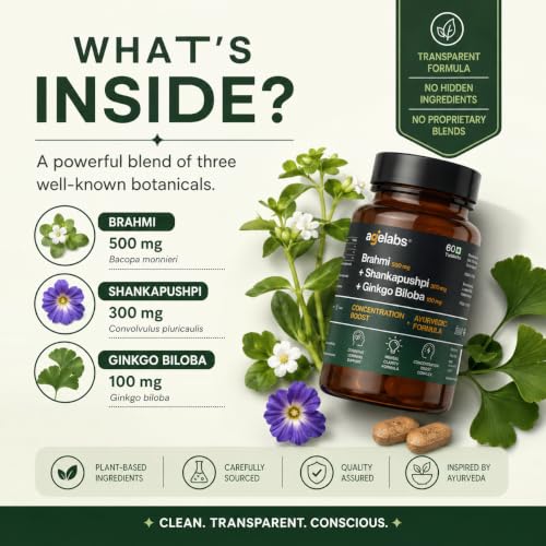 Image of Brahmi 500 mg + Shankhpushpi 300 mg + Ginkgo Biloba 100 mg | Supports Cognitive Health, Focus & Mental Clarity | 60 Vegetarian Tablets