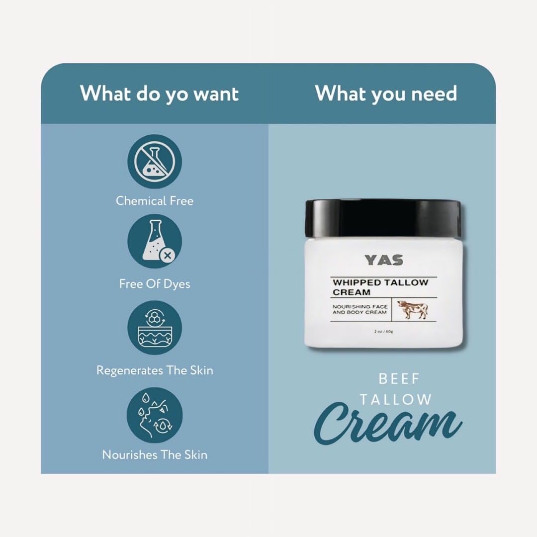 Grass Fed Beef Tallow Face and Body - 2 oz Whipped Moisturizer - Non-toxic, Vegan, Organic, 100% Natural, No Chemicals, Not Tested on Animals