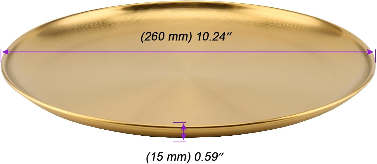 JOIKIT 6 Pack 10 Inch Gold Stainless Steel Plate, Round Metal Dinner Plates, Kitchenware Dinner Dishes Serving Tray Large Camping Plates for BBQ, Snack, Food Serving, Dishwasher Safe