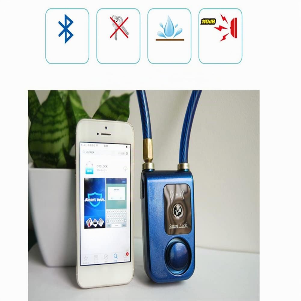 Verrou de vélo, contrôle de l'application Bluetooth Smart Lock antivol antivol à chaîne avec alarme 105dB pour iOS et pour système Android, pour vélo, moto, portes(Bleu)
