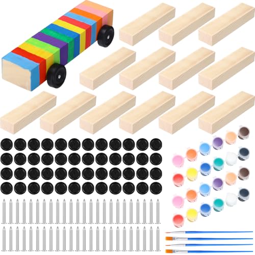 Novabright 12 Sets Wood DIY Derby Car Kits Bulk Painting Crafts Kit with Wheels and Axles for Easy Unfinished Woodworking Set Family Activities Arts and Crafts Family