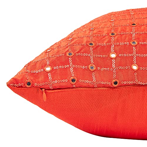 Image of Orange Embroidered 20x20 Cushion Cover Set of 2, Couch Pillow Cover with Mirror Embroidery