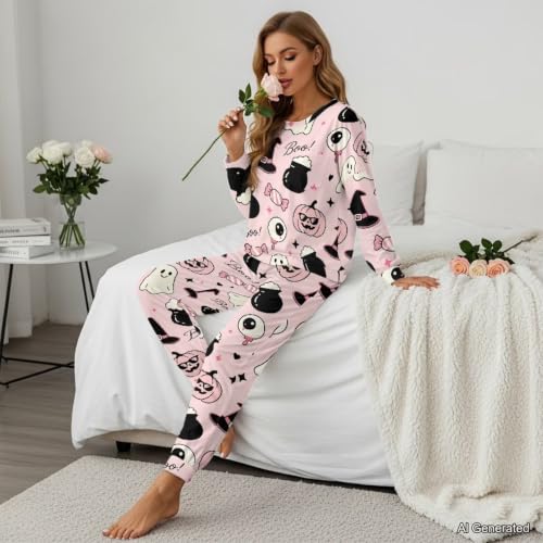 Image of Womens Lounge Set Long Sleeve Soft Pajama Sets | Casual 2 Piece Pj Outfit, Crewneck Sleepwear with Pockets, Adjustable Drawstring, Soft Comfy Fall Pajamas, Plus Size