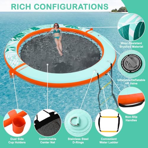 Image of Inflatable Water Hammock Floating Dock 8 FT with Mesh, Tanning Pool Raft Round Ring for Adults, Float Platform for Lake and Beach with Water Ladder and Cup Holder
