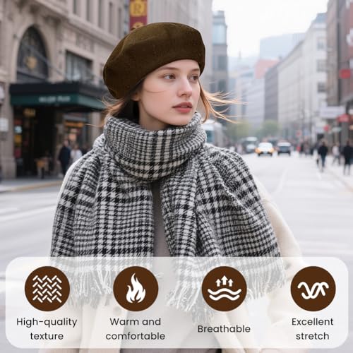 Alaoo Baskenmütze Damen,Weich Barett Wolle Damen,Klassisch Einfarbig Französischer Stil Barett,Retro Barett Künstler Klassische für Mädchen und Frauen,Braun