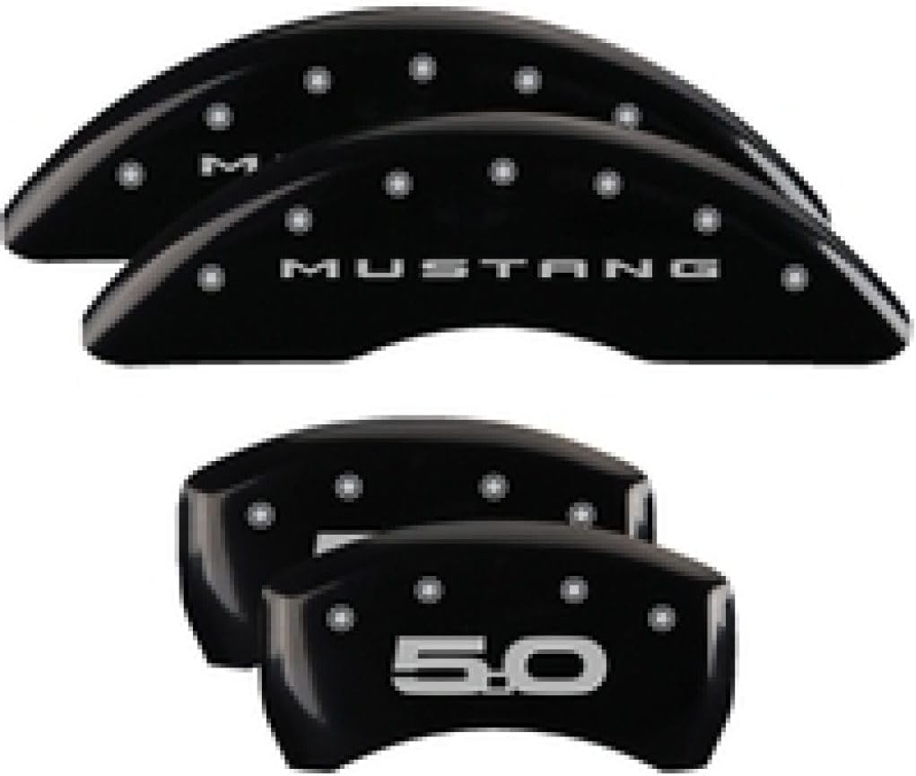 MGP Brake Caliper Covers for Ford Mustang GT, GT Premium 2015-2023 - Black Powder-Coated Finish, Engraved Silver Mustang / 5.0 Logo, Front and Rear Caliper Covers (Set of 4)
