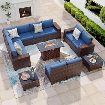 VONZOY 13 Piece Patio Furniture Set with Fire Pit Table, Wide Armrest Outdoor Sectional Sofa Grey Wicker Rattan Conversation Sets, 4'' Thickened Cushion Dark Grey (Include Waterproof Cover)
