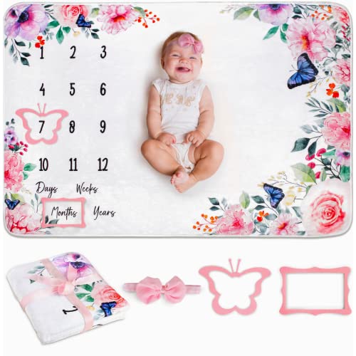 Image of GNEISTO Baby Milestone Blanket - Monthly Milestone Blanket for Girls - Large - Baby Girl Shower Gift - Includes Headband and Frames