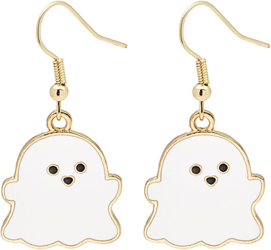 MALOYANVE Halloween Dangle Earrings for Women Men Stainless Steel Witch Hat Ghost Rabbit Cat Skeleton Earrings Spider Pumpkin Bat Earrings Halloween Theme Jewelry Gift White Ghost