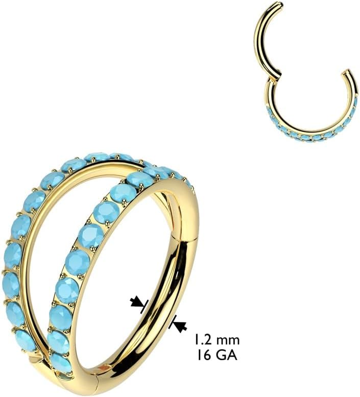 Pierced Owl 16GA ASTM F-136 Implant Grade Titanium Synthetic Turquoise Lined Double Hoop Hinged Segment Clicker Ring